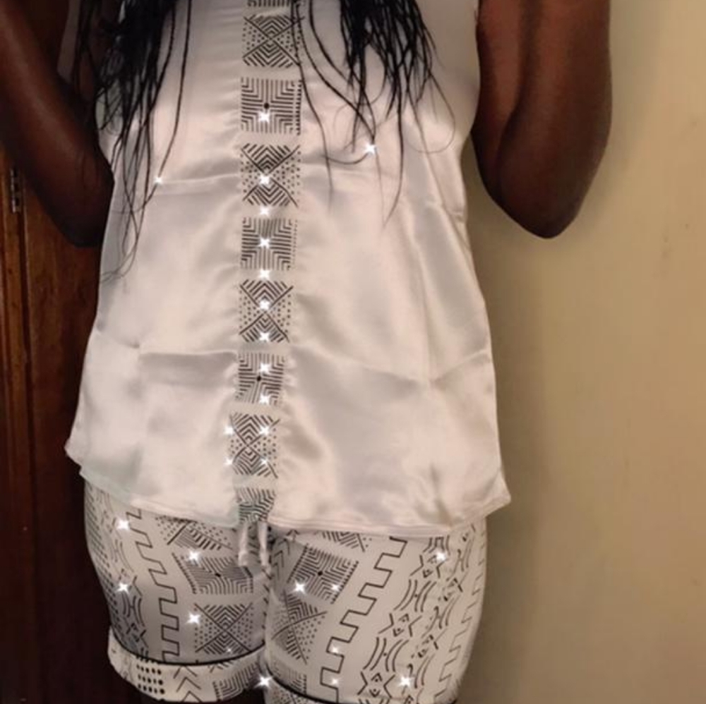 White 3 Pces Set Silk African Print  Sleepwear Size L